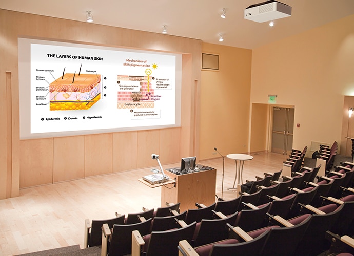 Empty lecture hall using the VPL-FHZ75 / VPL-FHZ70 to project annotated image of human skin layer