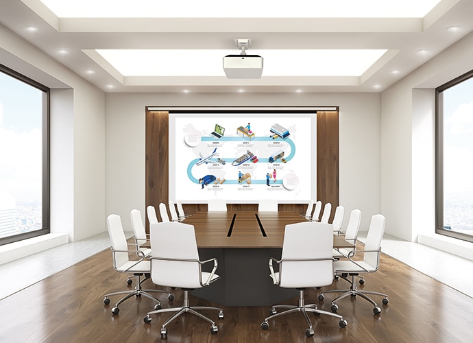 Empty meeting room with the VPL-FHZ75 / VPL-FHZ70 projector mounted on the ceiling