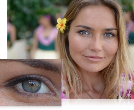 photo of a woman with a yellow flower behind her ear and inset photo close up of her eye
