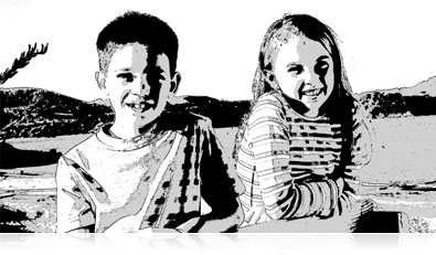 Black and White high contrast photo of a girl and boy showing creative camera effects
