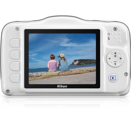 Photo of the rear of the COOLPIX S32 with a photo of kids looking out over the water on the LCD