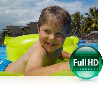 Photo of a boy in a pool on a float and the Full HD icon