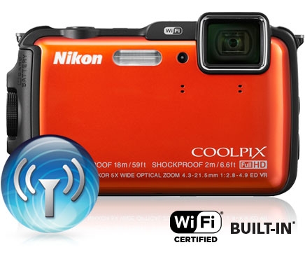 Photo of the COOLPIX AW120, Wi-FI icon and Wi-Fi certified built-in logo