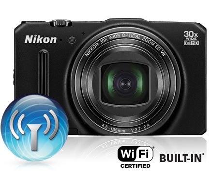 Photo of the COOLPIX S9700 and wi-fi icon and wi-fi certified built-in logo