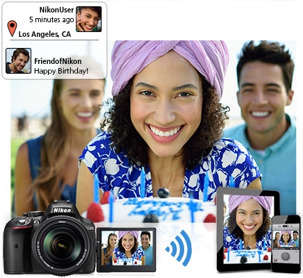 Image of three people, inset with shots of the photo on the camera's LCD, on a smartphone and a tablet, with social media messages