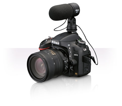 Product photo of the Nikon D610 with a lens and ME-1 Stereo Microphone attached