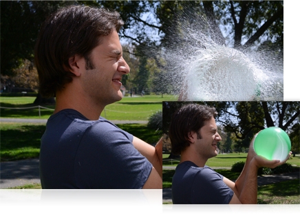 photos of a man holding a water balloon and of the water balloon popping and spraying him with water