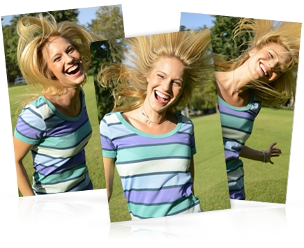 three photos of a blonde woman shaking her hair in a park