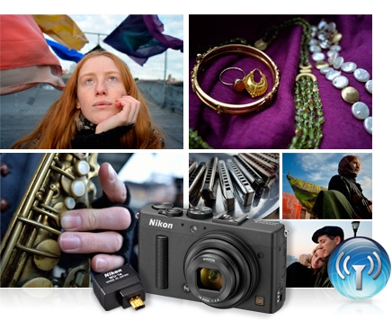 photos of a redheaded woman, closeup of jewelry, musician's hands on a sax, harmonicas and candid portraits with the COOLPIX A, WU-1a and Wi-Fi graphic