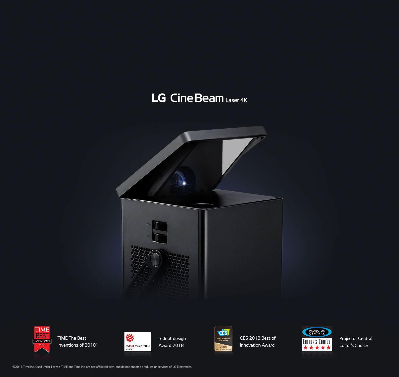 LG Cinebeam Laser 4K. Upper part of projector with black background. Time the Best Inventions of 2018 logo, reddot design award 2018 logo, CES 2018 best of innovation award logo, projector central editor's choice.